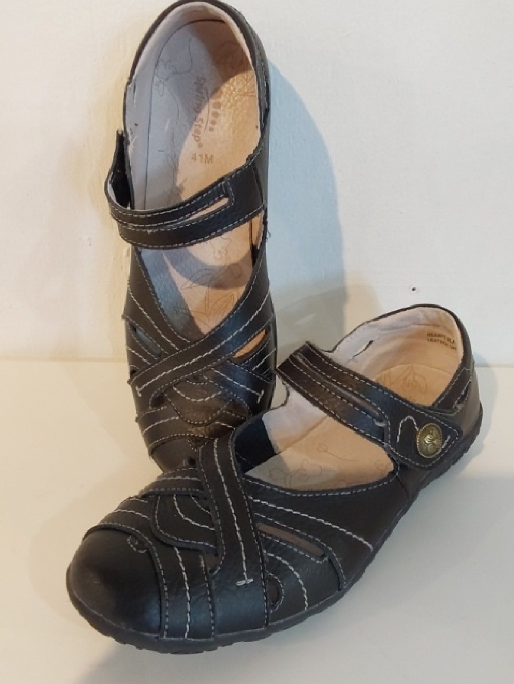 Spring Step| Black Leather Mary Jane Comfort Shoes Slip On Hearts Black 9.5-10